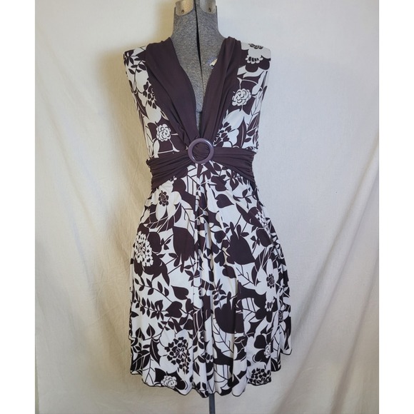 La Belle Dresses & Skirts - Vintage 90s Y2K Brown White Floral Dress  La Belle‎ Stretch Tropical S V Neck